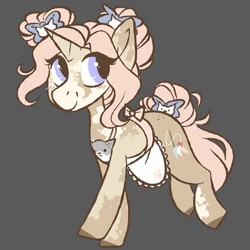 Size: 800x800 | Tagged: safe, artist:crimmharmony, oc, oc only, oc:cat scratch, cat, unicorn, apron, blushing, bow, clothes, female, gray background, hair bow, looking back, mare, mottled coat, simple background, solo, tail bow, walking