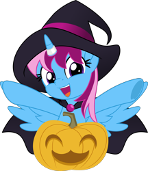 Size: 5000x5777 | Tagged: safe, artist:jhayarr23, oc, oc only, oc:parcly taxel, alicorn, pony, absurd resolution, alicorn oc, cape, clothes, commission, female, halloween, hat, holiday, horn, horn ring, jack-o-lantern, looking at you, mare, movie accurate, pumpkin, simple background, smiling, solo, spread wings, transparent background, vector, wings, witch, witch hat