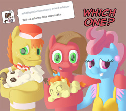 Size: 907x800 | Tagged: safe, artist:crispokefan, carrot cake, cup cake, pound cake, pumpkin cake, oc, oc:pun, pony, ask, ask pun, cake twins, siblings, twins