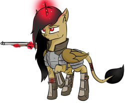 Size: 1231x1013 | Tagged: safe, artist:bluesyblues, artist:hunter992, oc, oc:noodle, pegasus, pony, unicorn, fallout equestria, glowing horn, gun, horn, mutant, raider, raider armor, shotgun, weapon