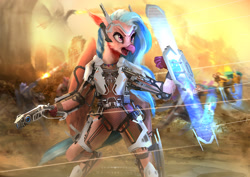 Size: 3508x2480 | Tagged: safe, artist:aidelank, silverstream, anthro, classical hippogriff, hippogriff, armor, badass, female, powered exoskeleton, solo, solo focus, weapon