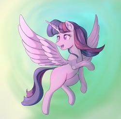 Size: 1024x1002 | Tagged: safe, artist:stratodraw, twilight sparkle, twilight sparkle (alicorn), alicorn, pony, abstract background, female, flying, looking back, mare, open mouth, solo