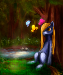 Size: 1527x1800 | Tagged: safe, artist:nettrip, oc, oc only, butterfly, pony, forest, solo, tree