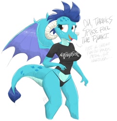 Size: 1200x1243 | Tagged: safe, artist:flutterthrash, princess ember, anthro, dragon, black underwear, breasts, clothes, dragoness, dragonforce, female, panties, princess embreast, shirt, simple background, t-shirt, underwear, white background