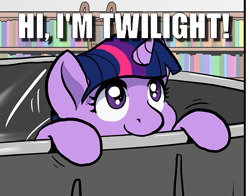 Size: 625x489 | Tagged: safe, artist:muffinshire, edit, twilight sparkle, pony, unicorn, comic:twilight's first day, bookshelf, caption, cropped, cute, female, filly, filly twilight sparkle, hi, image macro, library, solo, text, twiabetes, younger