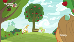 Size: 1600x900 | Tagged: safe, derpibooru import, screencap, applejack, goldie delicious, granny smith, earth pony, pony, going to seed, apple, apple tree, bucket, discovery family logo, female, food, laughing, mare, tree