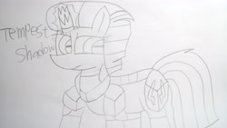 Size: 5312x2992 | Tagged: safe, artist:徐詩珮, tempest shadow, unicorn, my little pony: the movie, armor, broken horn, female, horn, lineart, mare, traditional art