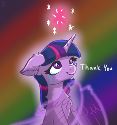 Size: 1537x1639 | Tagged: safe, artist:nighty, derpibooru exclusive, twilight sparkle, twilight sparkle (alicorn), unicorn twilight, alicorn, pony, unicorn, artificial wings, augmented, chest fluff, crying, cutie mark, ear fluff, end of ponies, female, fluffy, happy birthday mlp:fim, horn, magic, magic wings, mare, mlp fim's ninth anniversary, rainbow background, smiling, solo, tears of joy, wings