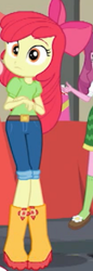 Size: 430x1254 | Tagged: safe, screencap, apple bloom, cheerilee, better together, equestria girls, holidays unwrapped, apple bloom's bow, boots, bow, clothes, cropped, cute, female, hair bow, jeans, pants, shoes, solo focus, table, the cider louse fools