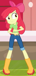 Size: 501x1045 | Tagged: safe, screencap, apple bloom, better together, equestria girls, holidays unwrapped, apple bloom's bow, boots, bow, clothes, cropped, female, hair bow, jeans, looking at something, pants, shoes, solo, the cider louse fools