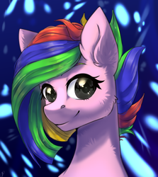 Size: 2208x2480 | Tagged: safe, artist:tigra0118, oc, oc only, pony, abstract background, art trade, bust, female, looking at you, mare, portrait, smiling, solo