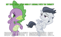 Size: 750x459 | Tagged: safe, artist:lightningbolt, artist:sollace, edit, editor:undeadponysoldier, rumble, spike, dragon, pegasus, pony, bedroom eyes, colt, everypony's gay for rumble, everypony's gay for spike, gay, implied snuggling, implied snuggling in bed, innuendo, male, rumblespike, sexy, shipping, simple background, stupid sexy rumble, stupid sexy spike, white background