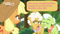 Size: 1600x900 | Tagged: safe, derpibooru import, screencap, applejack, goldie delicious, granny smith, earth pony, pony, going to seed, apple tree, bush, dialogue, discovery family logo, eyes closed, female, mare, my little pony logo, smug, speech bubble, tree, trio