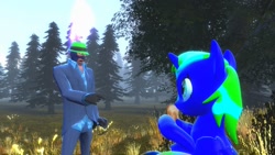 Size: 1600x900 | Tagged: safe, artist:sevenxninja, oc, oc:lydia dieselsteam, alicorn, pony, 3d, alicorn oc, bread, confused, food, gmod, grass, grass field, spy, team fortress 2, tree