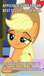 Size: 360x611 | Tagged: safe, derpibooru import, edit, screencap, applejack, earth pony, pony, sparkle's seven, cropped, friendship throne, solo, text