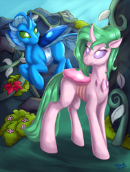 Size: 1980x2622 | Tagged: safe, artist:brushstroke, oc, oc only, oc:platinum band, oc:queen ludo, changedling, changeling, changeling queen, changedling oc, changeling oc, changeling queen oc, female, flying, outdoors, scenery