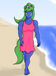 Size: 697x948 | Tagged: safe, artist:matchstickman, oc, oc only, oc:aqua maiden, anthro, plantigrade anthro, unicorn, anthro oc, barefoot, beach, biceps, breasts, clothes, deltoids, dress, feet, female, looking at you, mare, muscles, muscular female, one-piece swimsuit, solo, swimsuit