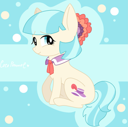 Size: 1087x1080 | Tagged: safe, artist:orangepiepie, coco pommel, earth pony, pony, cocobetes, cute, eyebrows visible through hair, female, flower, flower in hair, mare, sitting, smiling, solo