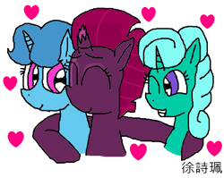 Size: 928x738 | Tagged: safe, artist:徐詩珮, fizzlepop berrytwist, glitter drops, spring rain, tempest shadow, unicorn, my little pony: the movie, broken horn, cute, eyes closed, female, glitterbetes, glittershadow, heart, horn, hug, lesbian, mare, one eye closed, polyamory, shipping, simple background, springbetes, springdrops, springshadow, springshadowdrops, tempestbetes, trio, trio female, white background