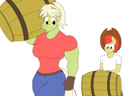 Size: 2193x1648 | Tagged: safe, artist:matchstickman, bright mac, granny smith, anthro, earth pony, barrel, carrying, clothes, digital art, female, granny smash, male, mare, mother and child, mother and son, muscles, parent and child, simple background, smiling, young granny smith, younger