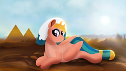 Size: 5120x2880 | Tagged: safe, artist:startledflowerpony, somnambula, pegasus, pony, female, lineless, looking at you, mare, prone, pyramid, pyramids of giza, solo