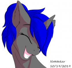 Size: 400x378 | Tagged: safe, artist:notetaker, oc, oc only, oc:dream², pony, unicorn, cute, eyes closed, grin, ponytail, signature, smiling, solo