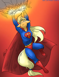 Size: 932x1200 | Tagged: safe, artist:kaemantis, derpibooru import, applejack, anthro, unguligrade anthro, app-el, asteroid, clothes, commission, crossover, dc comics, female, rock, solo, super strength, superman