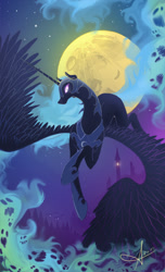 Size: 700x1152 | Tagged: safe, artist:jaeneth, nightmare moon, alicorn, pony, female, flying, glowing eyes, mare, moon, nightmare night, slit eyes, solo