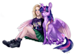 Size: 4000x2928 | Tagged: safe, artist:gaelledragons, artist:pixelkitties, sci-twi, twilight sparkle, twilight sparkle (alicorn), alicorn, human, pony, boots, chest fluff, clothes, cloven hooves, commission, equestria girls ponified, female, hug, human female, one eye closed, ponified, scitwilicorn, shirt, shoes, simple background, smiling, transparent background, winghug