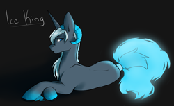 Size: 1355x831 | Tagged: dead source, safe, artist:pomrawr, oc, oc only, oc:frost heart, pony, unicorn, horn, male, prone, solo, stallion, text, unicorn oc