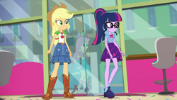 Size: 1280x720 | Tagged: safe, screencap, applejack, fluttershy, sci-twi, twilight sparkle, bird, better together, choose your own ending, equestria girls, tip toppings, animal, applejack's hat, boots, chair, clothes, cowboy boots, cowboy hat, cropped, denim skirt, female, frozen yogurt shop, geode of super strength, geode of telekinesis, glass door, glasses, hat, legs, magical geodes, ponytail, shoes, skirt, socks, stetson, store