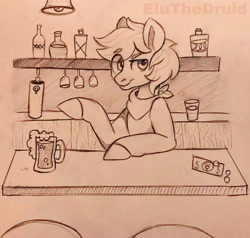 Size: 2699x2573 | Tagged: safe, artist:eludraws, oc, oc:brewer, oc:noble brew, pony, alcohol, bar, clothes, money, monochrome, scarf, stool, traditional art