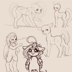 Size: 4000x4000 | Tagged: safe, artist:miokomata, fluttershy, oc, oc:dazzling talents, alicorn, pegasus, pony, semi-anthro, ahoge, alicorn oc, bald, blushing, chest fluff, dialogue, dock, female, floppy ears, freckles, freckleshy, looking at you, looking back, looking back at you, mare, pink background, simple background