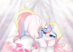 Size: 3465x2454 | Tagged: safe, artist:kim0508, artist:sparkling_light, oc, oc only, oc:cherry heartstealer, pony, unicorn, blushing, curtain, cute, female, laying on stomach, looking at you, lying on bed, mare, prone, smiling, smiling at you, solo, ych result