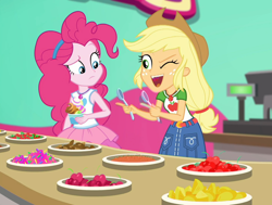 Size: 1428x1080 | Tagged: safe, screencap, applejack, pinkie pie, better together, choose your own ending, equestria girls, tip toppings, tip toppings: applejack, applejack's hat, candy, cash register, cherry, clothes, cowboy hat, cropped, denim skirt, duo, duo female, female, food, froyo, frozen yogurt, fruit, geode of sugar bombs, geode of super strength, gummy worm, hat, magical geodes, one eye closed, open mouth, skirt, smiling, spoon, sprinkles, toppings, wink