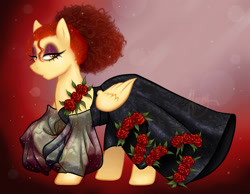 Size: 1800x1400 | Tagged: safe, artist:honeycry, oc, oc only, oc:honey blood, pegasus, pony, abstract background, alternate hairstyle, clothes, dress, eyeshadow, female, flower, lidded eyes, looking at you, makeup, mare, prom dress, rose, solo
