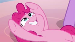 Size: 1920x1080 | Tagged: safe, derpibooru import, screencap, pinkie pie, earth pony, pony, the ending of the end, belly, faic, lying down, on back, smiling, solo, underhoof