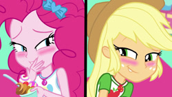 Size: 1280x720 | Tagged: safe, edit, edited screencap, editor:mr. gumball, screencap, applejack, pinkie pie, better together, choose your own ending, equestria girls, tip toppings, tip toppings: applejack, blushing, cup, food, froyo, frozen yogurt, geode of sugar bombs, geode of super strength, magical geodes, split screen