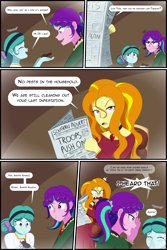 Size: 1500x2250 | Tagged: safe, artist:jase1505, adagio dazzle, aria blaze, oc, oc:low tide, human, insect, series:dusk oceanos, equestria girls, comic, disguise, disguised siren, female, flashback, newspaper, stag beetle, world war i