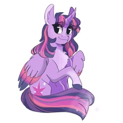 Size: 564x564 | Tagged: safe, artist:scarletskitty12, twilight sparkle, twilight sparkle (alicorn), alicorn, pony, chest fluff, colored hooves, colored wings, curved horn, cute, digital art, ear fluff, female, horn, mare, multicolored wings, simple background, smiling, solo, twiabetes, white background, wings