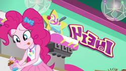 Size: 1280x720 | Tagged: safe, screencap, pinkie pie, better together, choose your own ending, equestria girls, tip toppings, clothes, cute, diapinkes, female, froyo, frozen yogurt, frozen yogurt machine, geode of sugar bombs, magical geodes, skirt, tongue out, written equestrian