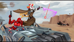 Size: 4000x2250 | Tagged: safe, artist:eztp, oc, oc:minty crumble, anthro, unicorn, armor, cloak, clothes, cloud, commando droid, droid, female, gun, jedi, planet, speeder bike, star wars, stormtrooper, swoop bike, vehicle, weapon