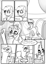 Size: 1493x2125 | Tagged: safe, artist:provolonepone, derpibooru import, applejack, rarity, earth pony, pony, unicorn, comic:a sapphic story, carousel boutique, clothes, comic, cute, dress, glasses, jackabetes, mirror, raribetes, rarity's glasses