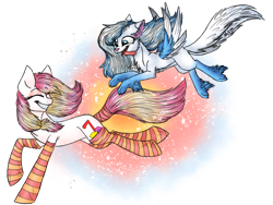 Size: 2048x1536 | Tagged: safe, artist:melonseed11, oc, oc only, oc:cloudy paw, oc:lemonade paradise, earth pony, hybrid, pony, clothes, female, mare, socks, striped socks, winged dog