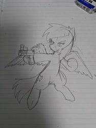 Size: 1080x1440 | Tagged: safe, artist:omegapony16, oc, oc:oriponi, pegasus, pony, bipedal, eraser, female, gun, hoof hold, irl, lineart, lined paper, mare, photo, smiling, smirk, solo, traditional art, weapon