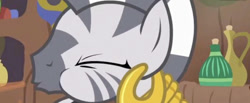 Size: 828x342 | Tagged: safe, screencap, zecora, zebra, it isn't the mane thing about you, choking, cropped, puffy cheeks, solo