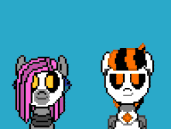 Size: 400x300 | Tagged: safe, artist:nukepony360, oc, oc only, oc:7a, oc:7b, pony, robot, robot pony, animated, female, height difference, male, pixel art, rivalry, siblings, simple background, smug, twins