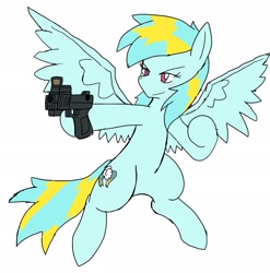 Size: 2025x2048 | Tagged: safe, alternate version, artist:omegapony16, oc, oc only, oc:oriponi, pegasus, pony, bipedal, colored, female, gun, hoof hold, mare, pegasus oc, simple background, smiling, smirk, solo, weapon, white background, wings