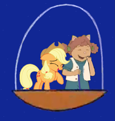 Size: 903x954 | Tagged: safe, artist:guihercharly, derpibooru import, applejack, earth pony, pony, arthur, crossover, driving, glass dome, laughing, space, space pod, sue ellen armstrong, the jetsons