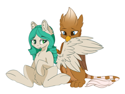 Size: 1298x977 | Tagged: safe, artist:wbp, derpibooru exclusive, oc, griffon, pegasus, grooming, preening, simple background, sticker, transparent background